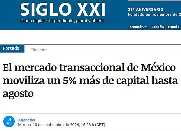 El mercado transaccional de Mxico moviliza un 5% ms de capital hasta agosto